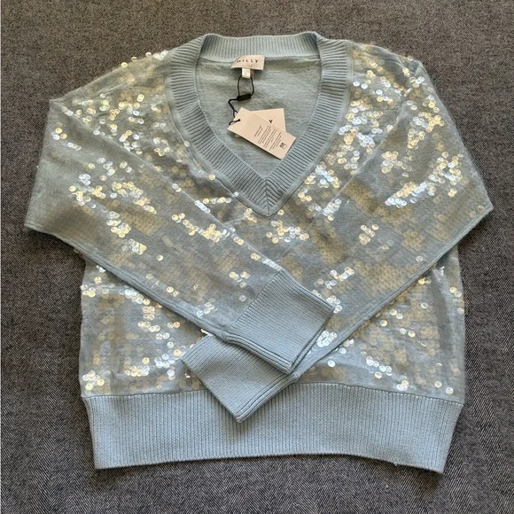 milly women’s ilaria sequin v-neck sweater | size L | color: light blue - Picture 2 of 5